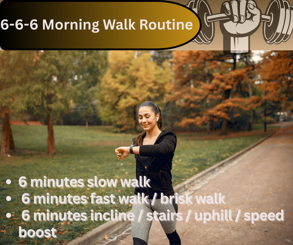 Fitness image of a woman walking in on a track, showing the 6-6-6walk plan: slow walk, brisk walk, and inclined walk.
