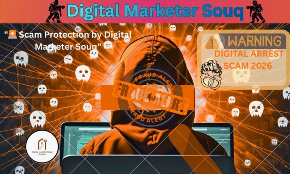 Scam protection digital awareness graphic showing a hooded hacker figure with “Fraud Alert” warning on a laptop screen