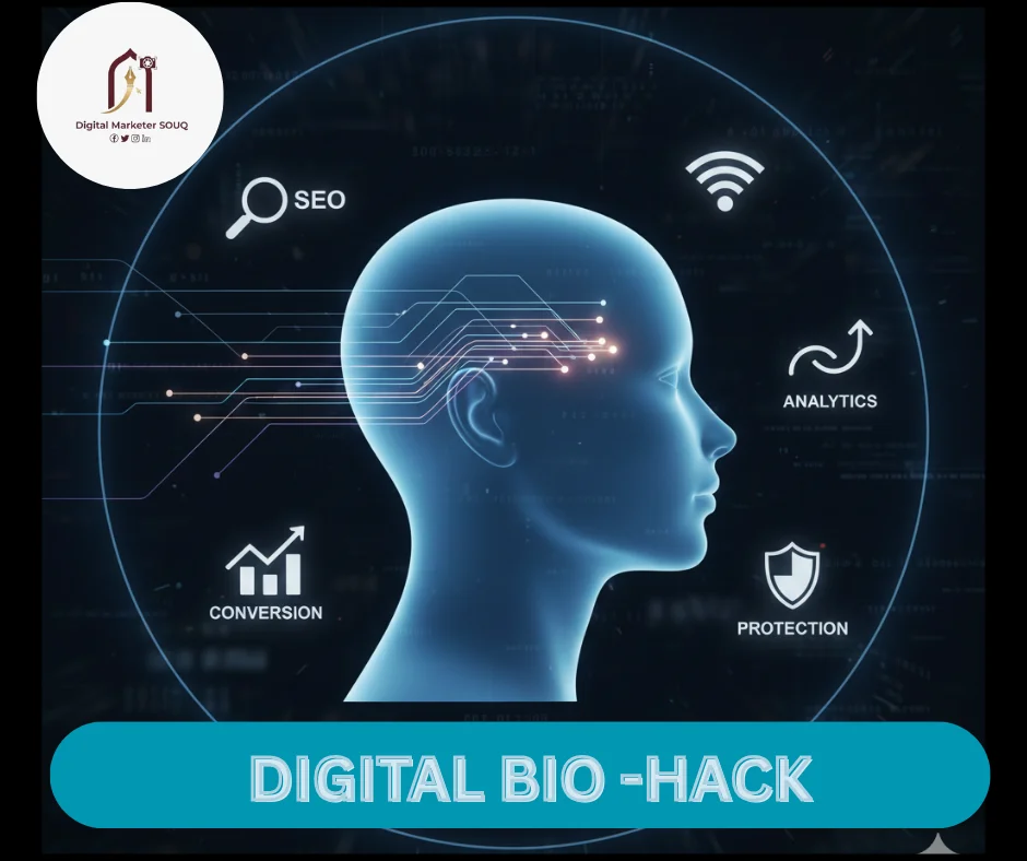 A digital graphic showing a human head silhouette with glowing neural lines representing technology. Around the head are icons labeled SEO, WiFi, Analytics, Conversion, and Protection. At the bottom, a blue bar displays the title “Digital Bio-Hack.” The top-left corner includes the Digital Marketer Souq logo.