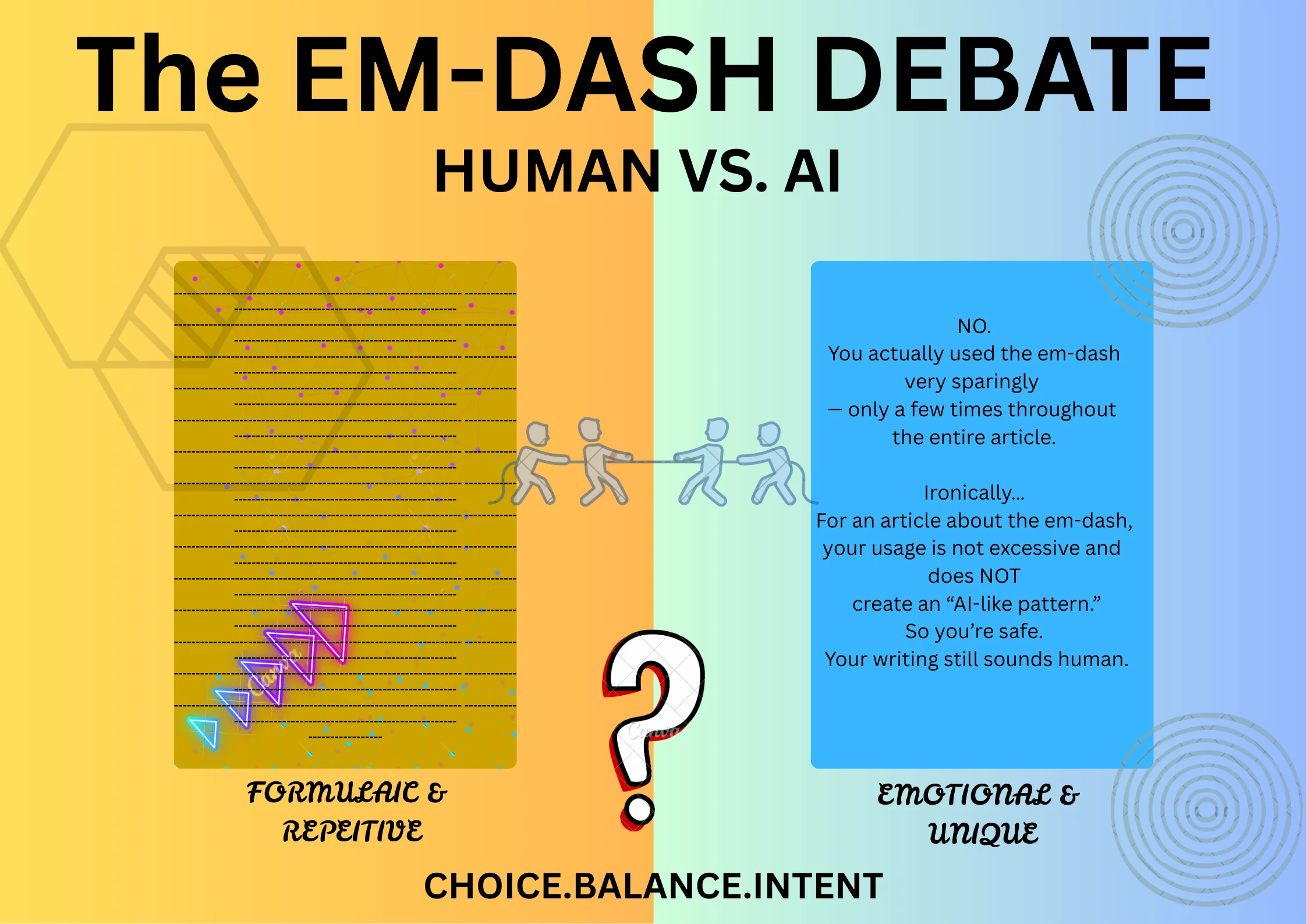 Contrast graphic showing the Em-Dash Controversy, splitting coded 'AI Writing' from organic 'Human Voice' with an em-dash and a question mark.