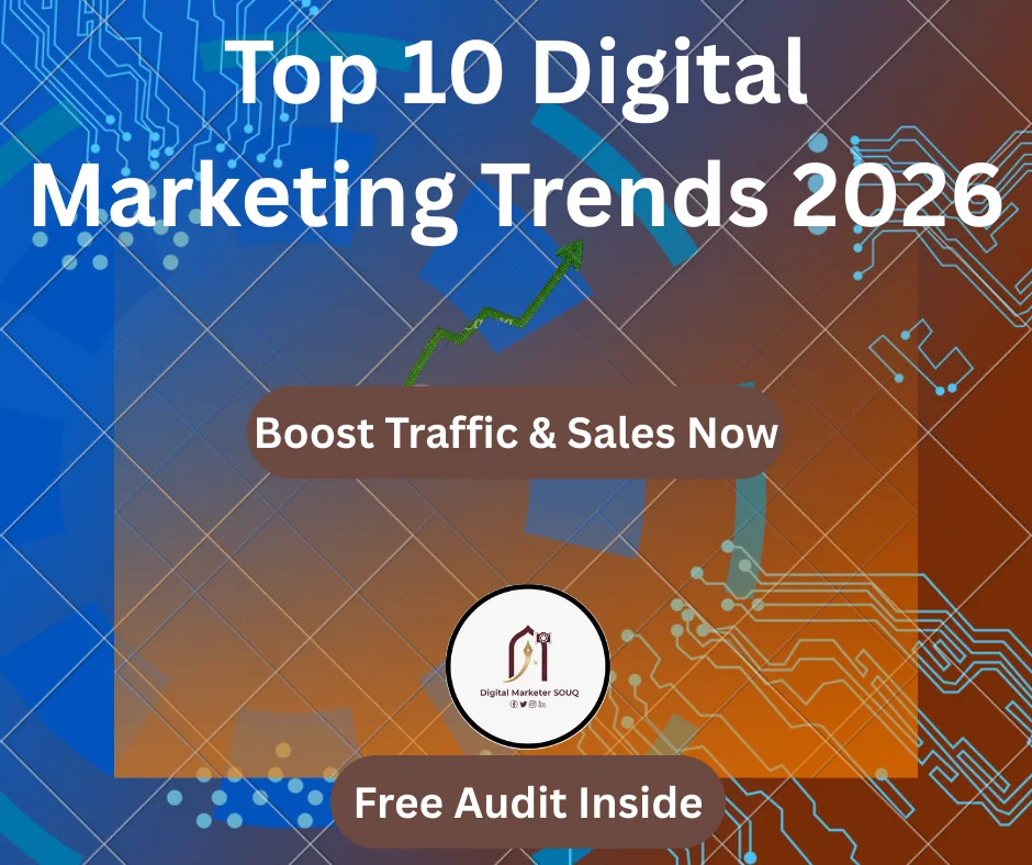 Top 10 digital marketing trends 2026 infographic with AI brain and growth charts Digital Marketer Souq