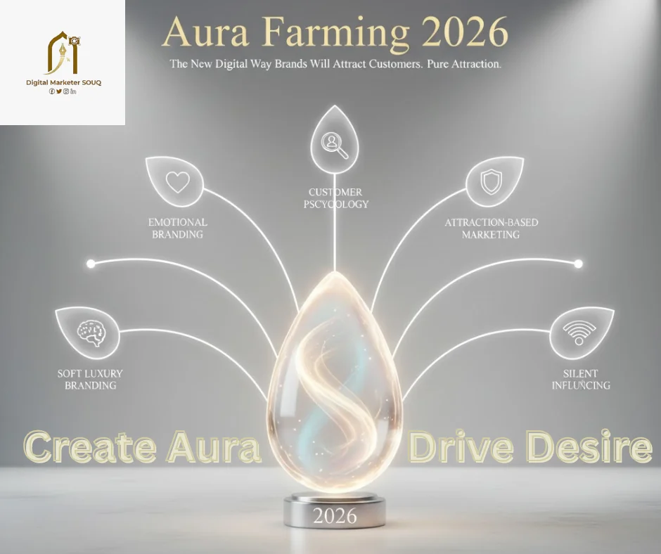 "Visual representation of 'Aura Farming 2026' showing a glowing, multi-colored spiritual 'seed' or 'aura' in the center, digitally connected to various brand logos via subtle, light-filled pathways. It illustrates attraction-based marketing and silent influencing in a futuristic, classy style."