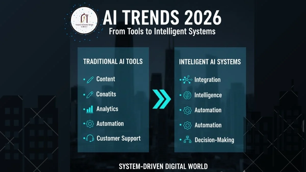 AI Trends 2026 infographic comparing traditional AI tools with intelligent AI systems, highlighting the shift from standalone tools to integrated, system-driven intelligence.