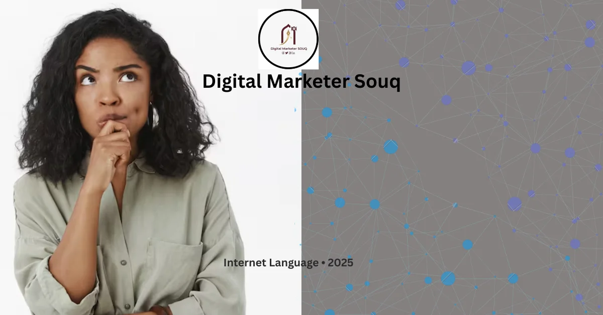 Woman thoughtfully looking upward beside Digital Marketer Souq logo with abstract network background, representing digital marketing and internet language trends in 2025.
